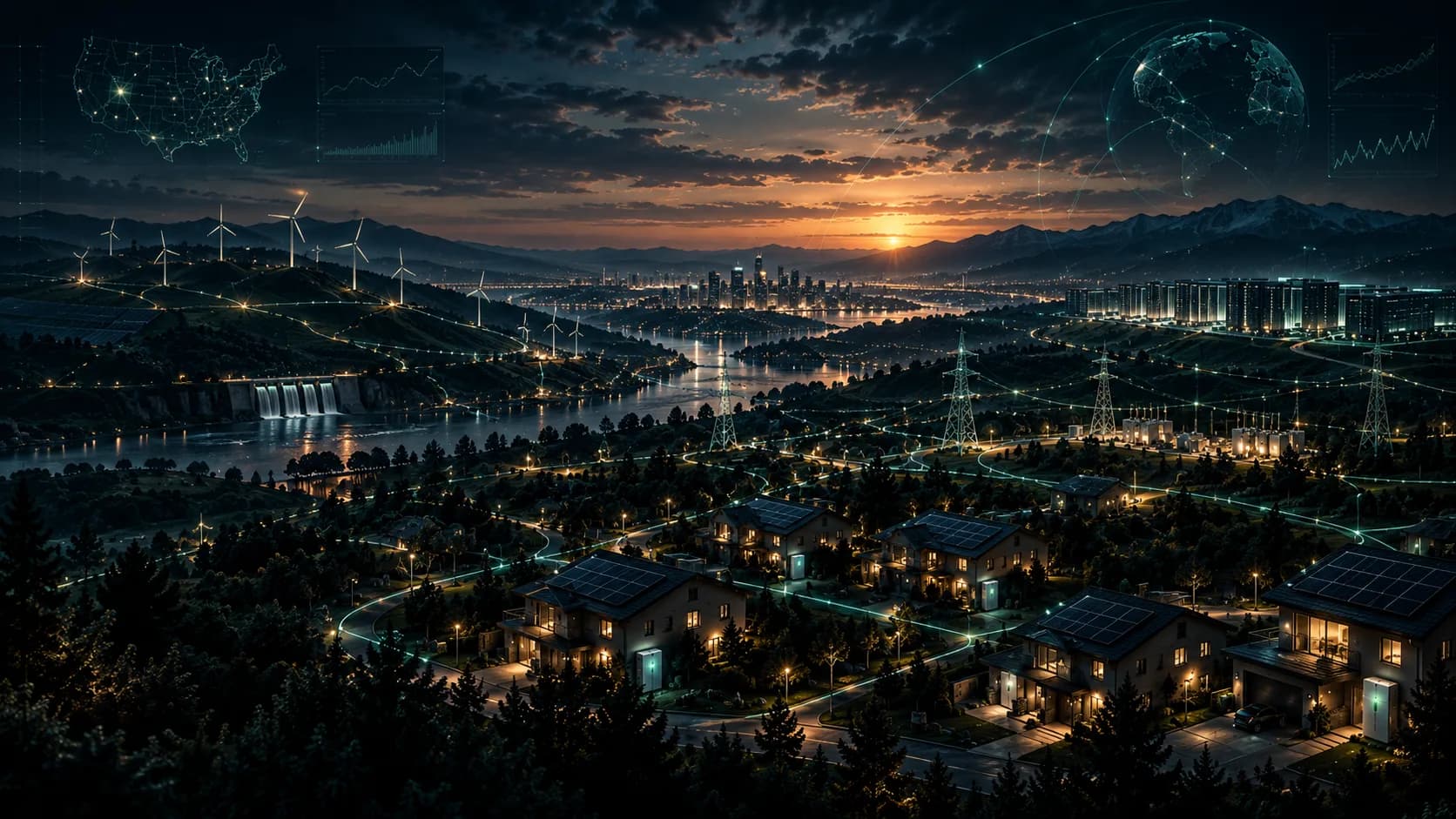 A valley at dusk: homes with rooftop solar and batteries linked by lines of light to transmission towers, wind turbines and a distant city.