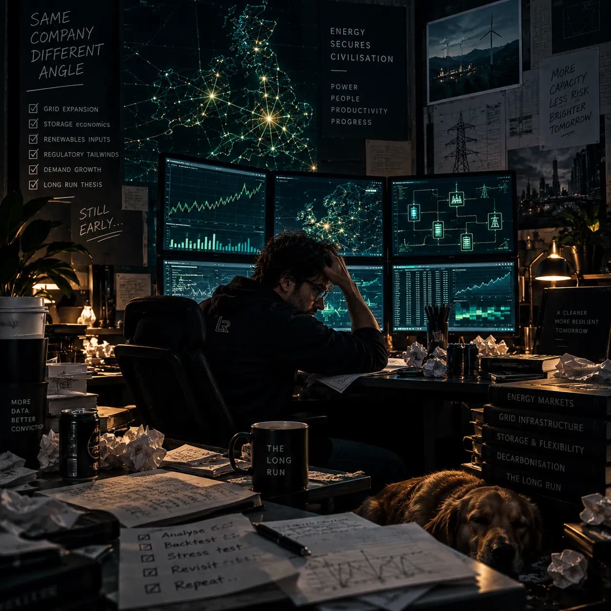 A cluttered research desk at night: six monitors showing grid maps and charts, stacks of energy and infrastructure books, and a sleeping dog.