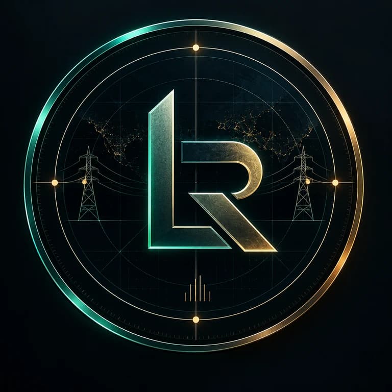 The Long Run token mark: an L and R monogram inside a radar dial, flanked by transmission towers.
